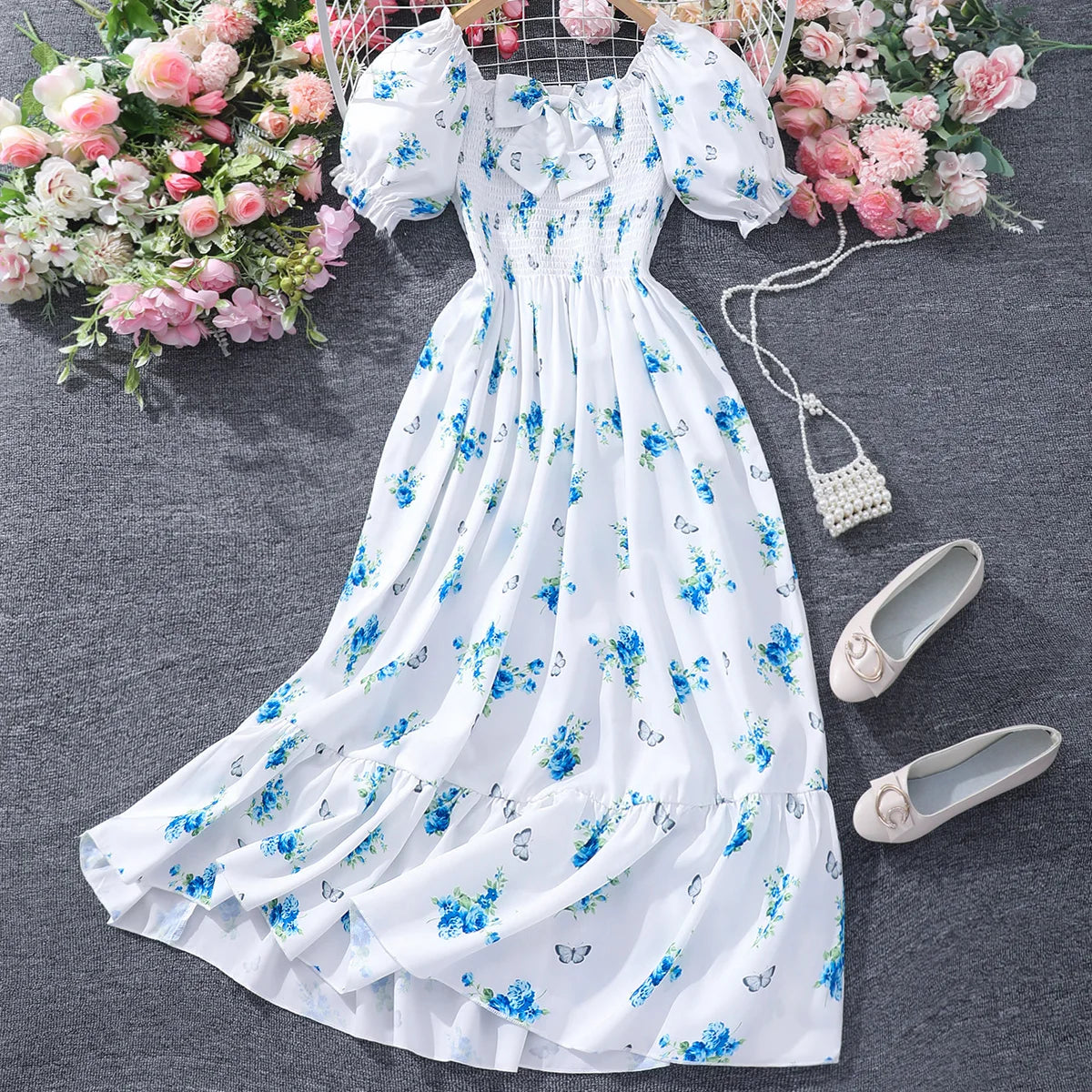 Robes d'été longues bleues à fleurs